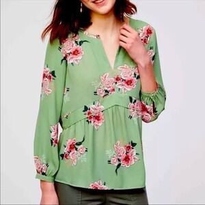 LOFT Womens Floral Peplum Blouse Small Green Pink Empire Waist Cottagecore Flowy